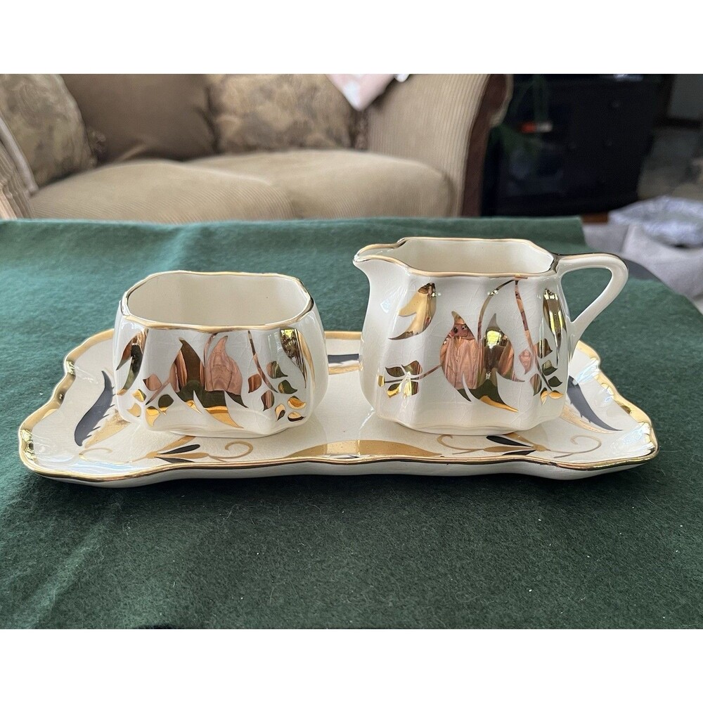 Vintage Lancaster & Sandland Ware Creamer Sugar and Tray Set Gold Luster England